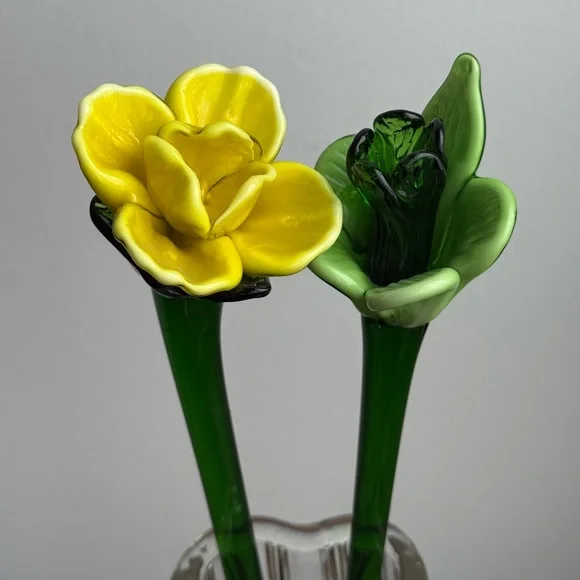 2 Murano Blown Glass 12” Flowers Yellow Green Vintage Decor - Picture 2 of 16